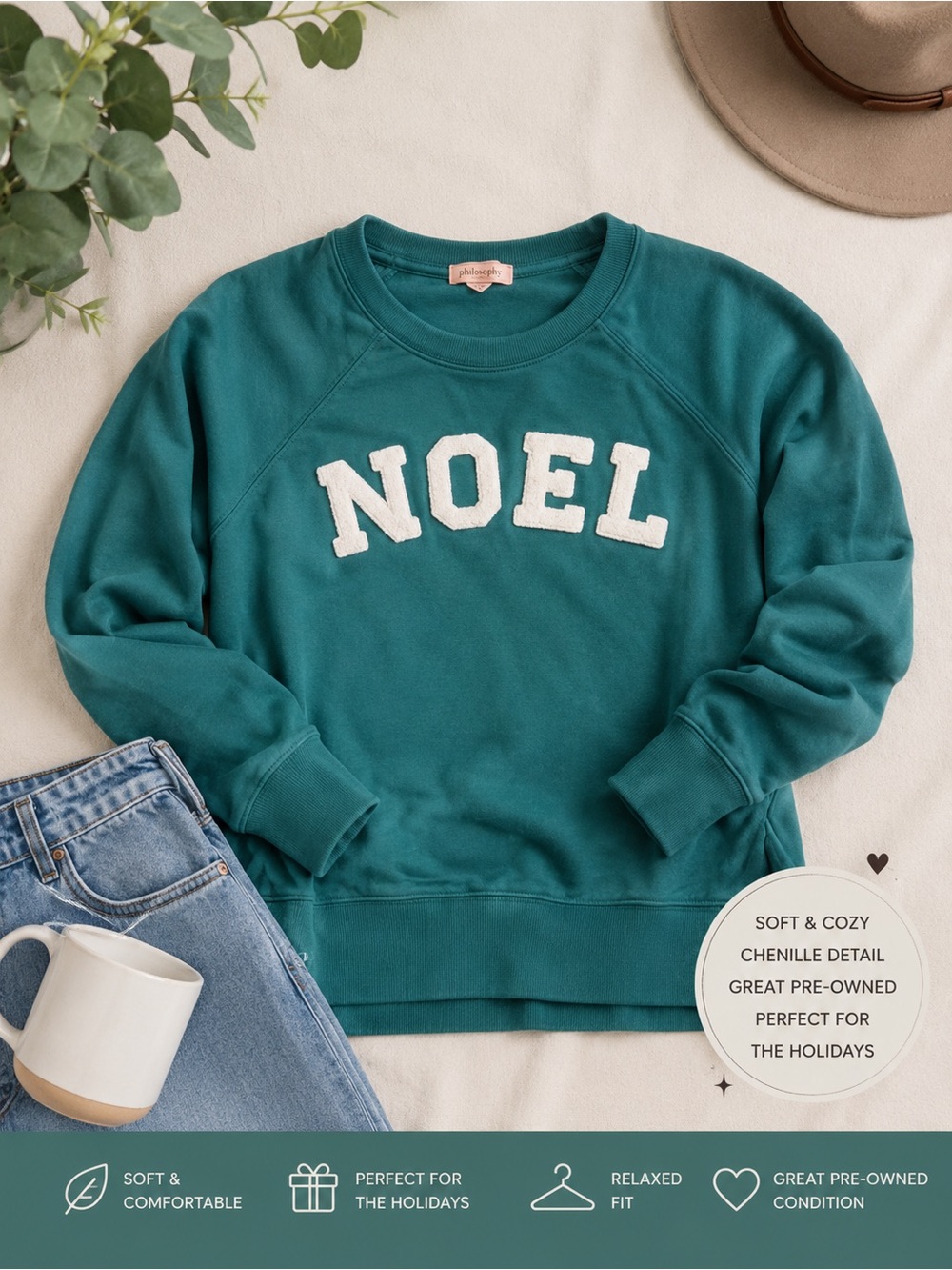 Philosophy Teal Crewneck Sweatshirt with White 'NOEL' Chenille - Picture 2 of 6